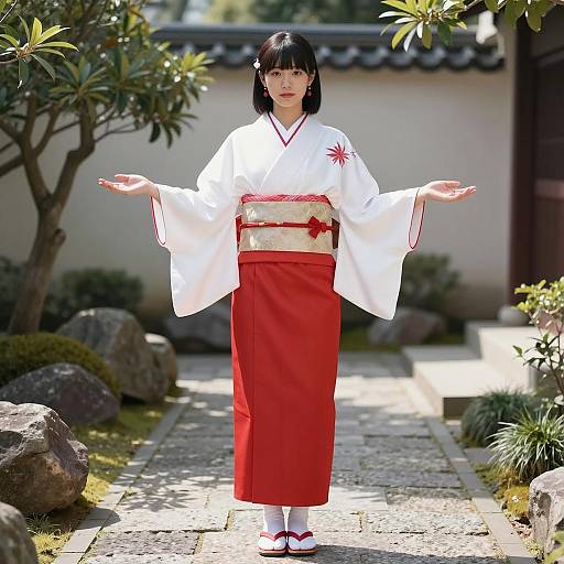 Asian Woman in Red and White Kimono in Garden