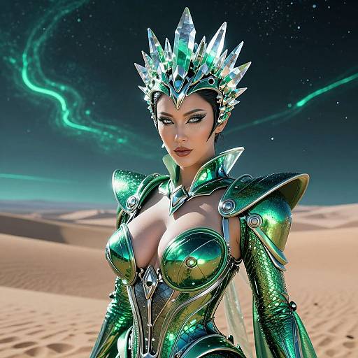 CGI image of a stunning, busty woman with glowing green armor, crystal crown, and large breasts, standing in a desert under a neon-lit