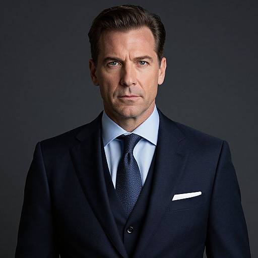 Photograph of a handsome middle-aged man with short dark hair, wearing a black suit, white shirt, and dark tie, with a white pocket square