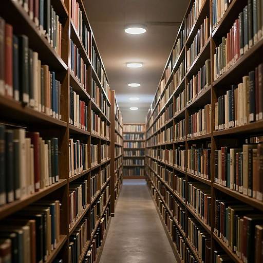 Photograph of a dimly lit library aisle with tall, wooden shelves filled with colorful, neatly arranged books on both sides.