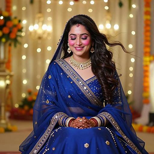 Photograph of a smiling South Asian woman in a blue, embroidered traditional saree with gold jewelry, sitting against a backdrop of glowing lights and orange flowers