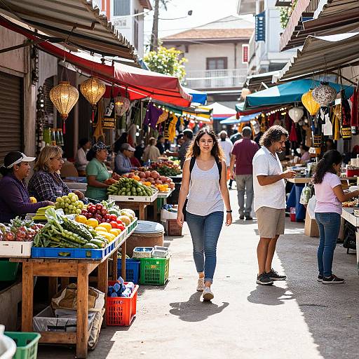Colorful photograph of a bustling outdoor market with vibrant produce stalls, hanging lanterns, and diverse shoppers, including a long-haired woman in a white top