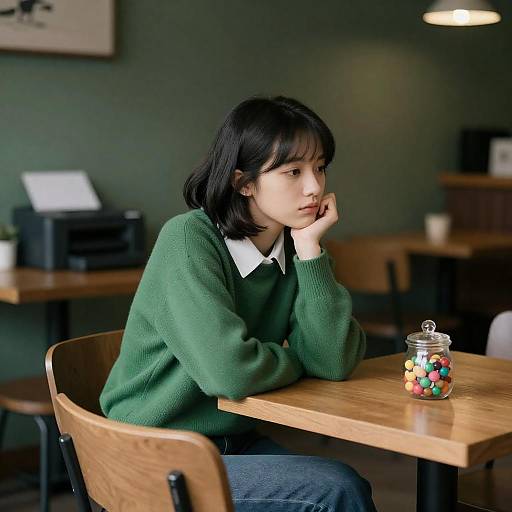 Contemplative Woman in Dim Café
