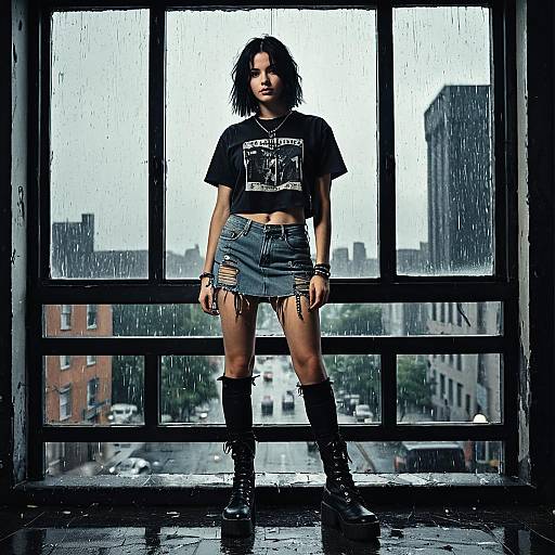 Young Woman in Grunge Fashion by Rainy Window
