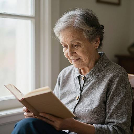 Photograph of an elderly woman with gray hair, wearing a gray button-up sweater, smiling while reading a book in a sunlit room.