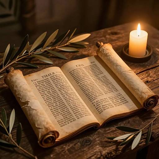 Vintage scroll Bible illuminated by soft candlelight, with olive branches, on rustic wooden table. Warm, serene, and timeless atmosphere.