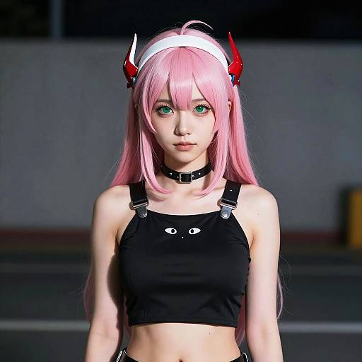 Digital anime-style photograph of a young woman with long pink hair, green eyes, black choker, red and white horn headband, black crop top