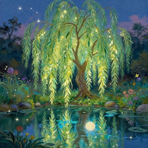 Enchanted night scene: glowing tree illuminated by fairy lights, reflected in a serene pond, surrounded by vibrant flowers and starry sky. Digital artwork