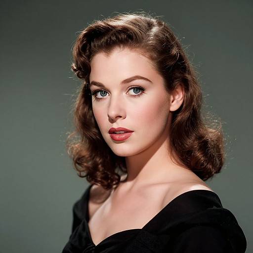 Photograph of a fair-skinned woman with blue eyes, wavy brown hair, and red lipstick, wearing a black off-shoulder top,