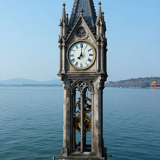 Photograph of a Gothic-style clock tower with a white face and black Roman numerals, standing in a serene blue lake, with distant hills and a