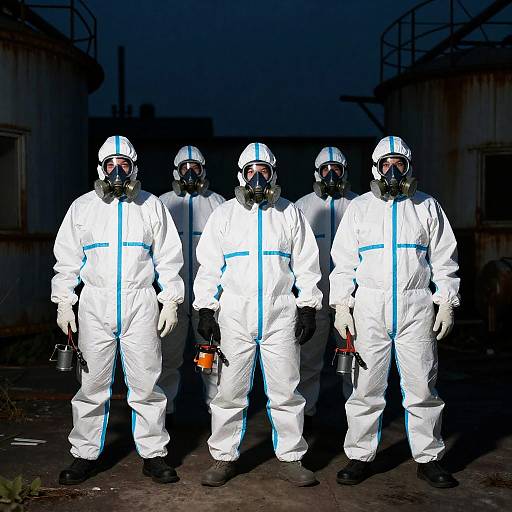 Industrial Night Scene with Hazmat Team