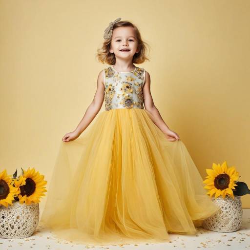 Little Girl in Yellow Tulle Dress with Sunflowers