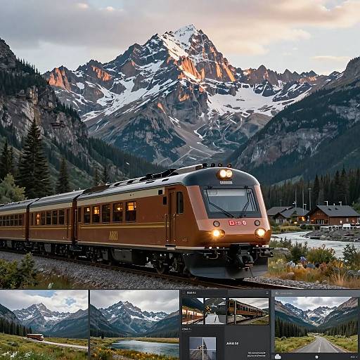 Photograph of a red and yellow mountain train approaching a snowy peak village at sunset, with inset close-ups of the train and scenic landscape.