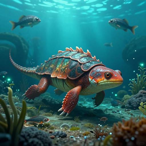Digital artwork of a vibrant, red-spiked, turtle-like sea creature swimming amid underwater coral, surrounded by small fish and illuminated by blue light rays.