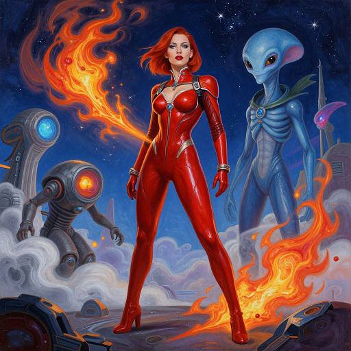 Digital painting of a red-haired woman in a red latex suit, standing confidently with flames, flanked by an alien and a robot in a starry