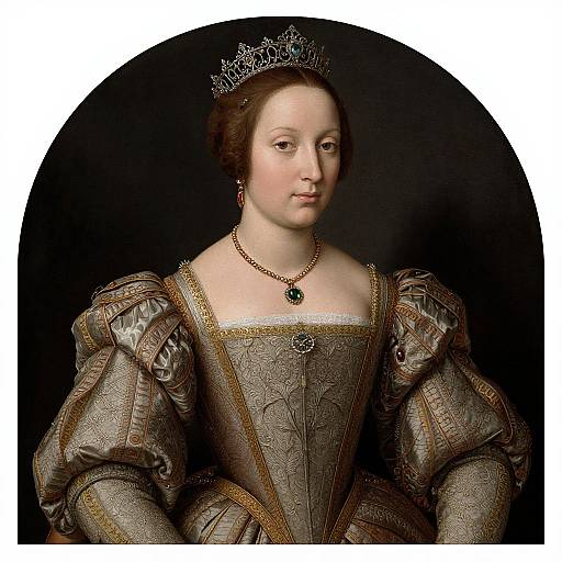 Portrait of a 16th-century noblewoman with pale skin, brown hair, wearing an ornate silver crown, intricate brown gown, and green pendant