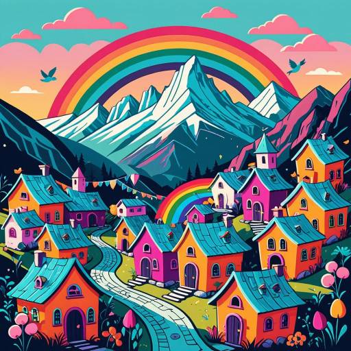 Colorful Cartoon Enchanted Mountain Village