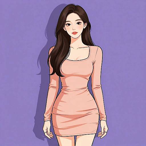 Digital anime-style drawing of a slender, fair-skinned woman with long black hair, wearing a form-fitting pink dress, standing against a purple background