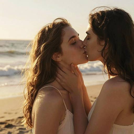 Photograph of two women kissing on a sunlit beach; both have long, wavy brown hair, wearing white lace tops, with gentle waves in