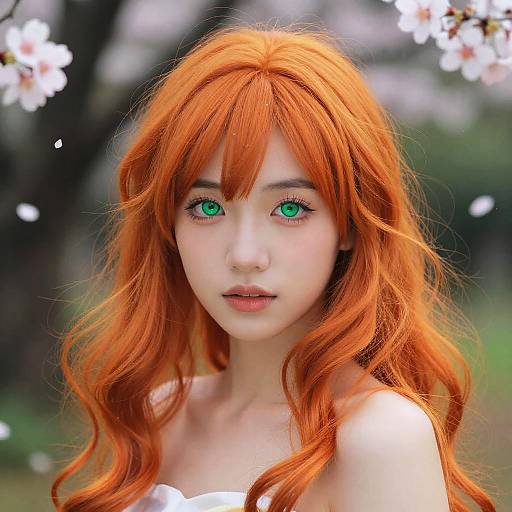 Photorealistic digital portrait of a young woman with vibrant red hair, green eyes, fair skin, wearing a white strapless top, surrounded by blo