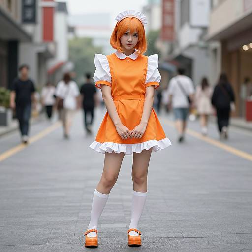 Woman in Orange Maid Costume
