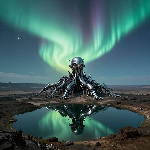 Digital artwork of a futuristic, metallic, tree-like structure reflecting in a pond under vibrant green and blue auroras in a starry night sky.