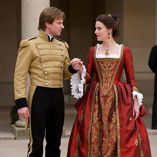 Photograph of a young couple in period attire; man in gold military jacket, woman in red and gold embroidered gown, holding hands, outdoors, classical
