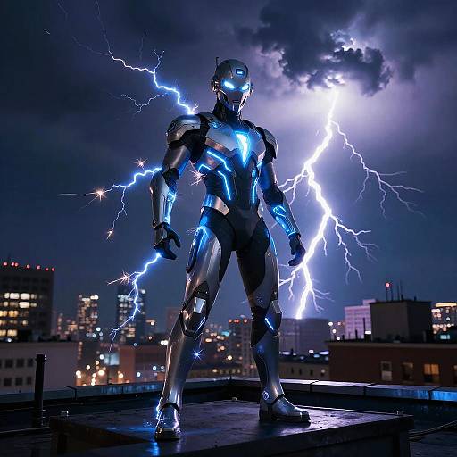 Lightning Superhero on Stormy Rooftop