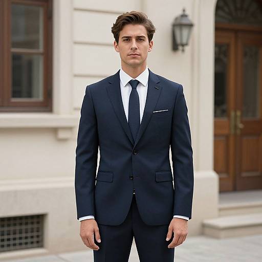 Photograph of a handsome young man with short brown hair, wearing a dark navy suit, white shirt, and black tie, standing in front of a