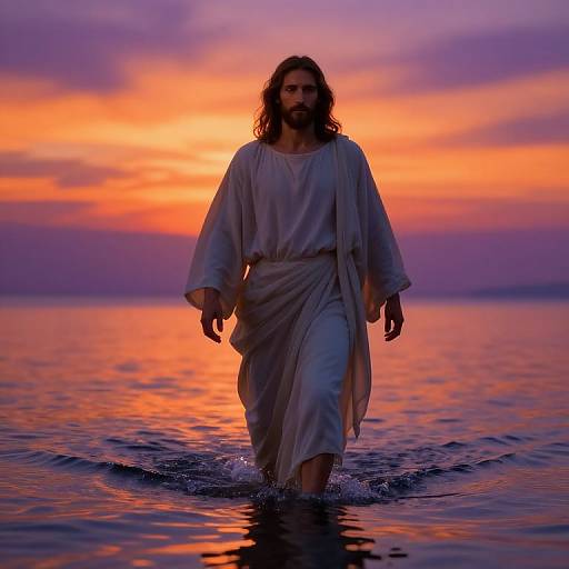 Photograph of a bearded man with long brown hair, wearing a flowing white robe, walking in calm water at sunset, with a vibrant orange and