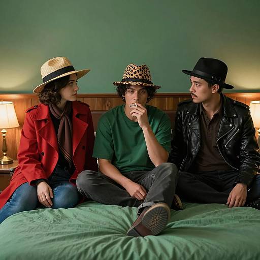 Stylish Trio on a Green Bed Scene