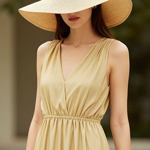 Photograph of an Asian woman in a yellow, sleeveless, V-neck dress with a wide-brimmed straw hat, partially obscuring her face