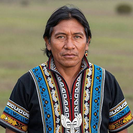 Photograph of an older Asian man with medium skin tone, black hair, and traditional embroidered black shirt with blue and yellow patterns, standing in a grass