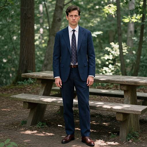Confident Man in Navy Suit Forest
