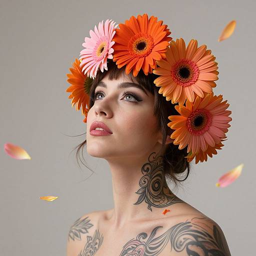 Photograph of a tattooed woman with fair skin and dark hair, wearing a vibrant orange and pink flower crown, against a gray background, with falling
