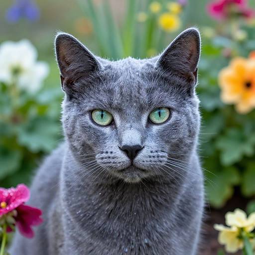 Close-up photograph of a gray British Shorthair cat with bright green eyes, surrounded by colorful flowers in a garden.