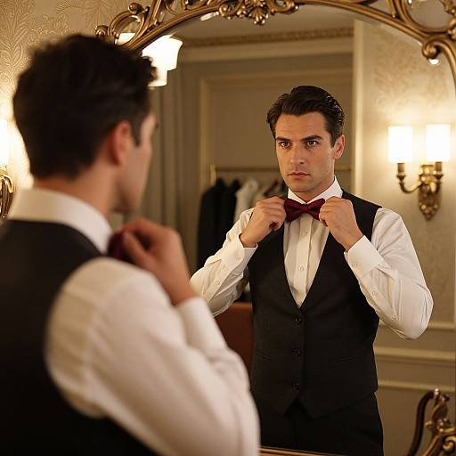 Photograph of a handsome, dark-haired man in a white shirt and black vest, adjusting his bowtie in an elegant, ornate room with a