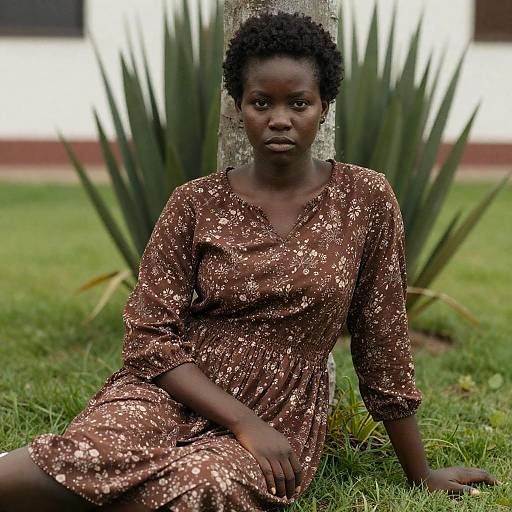 Intense Woman in Floral Dress on Grass