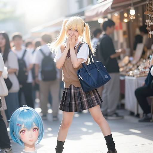 Digital anime-style artwork of a blonde girl with pigtails, wearing a plaid skirt and vest, covering her mouth in a bustling market. Fore