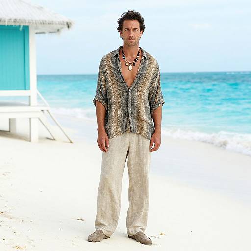 Photograph of a handsome, curly-haired man with tanned skin, wearing a patterned shirt, white pants, and colorful necklace, standing on a