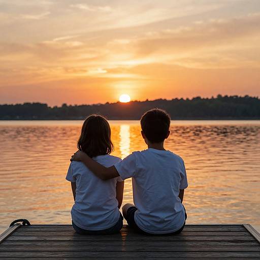 Photograph of a young girl and boy in white shirts, sitting on a dock, back-to-back, watching a vibrant sunset over a calm lake.