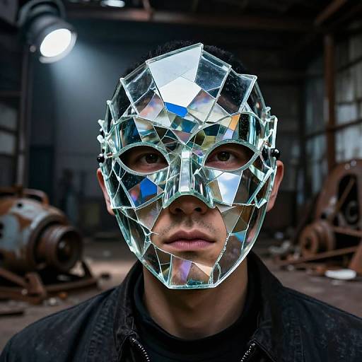 Photograph of a man with a reflective, geometric, crystal-like mask, in a dimly lit industrial warehouse, wearing a black jacket.