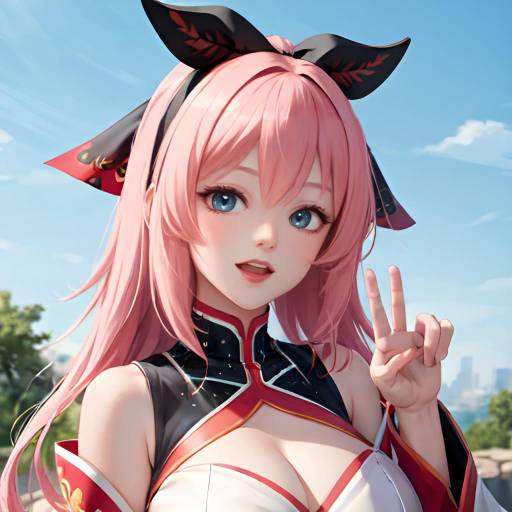 Anime-style digital illustration of a surprised pink-haired girl with blue eyes, large breasts, wearing a navy and white uniform, waving against a bright blue sky