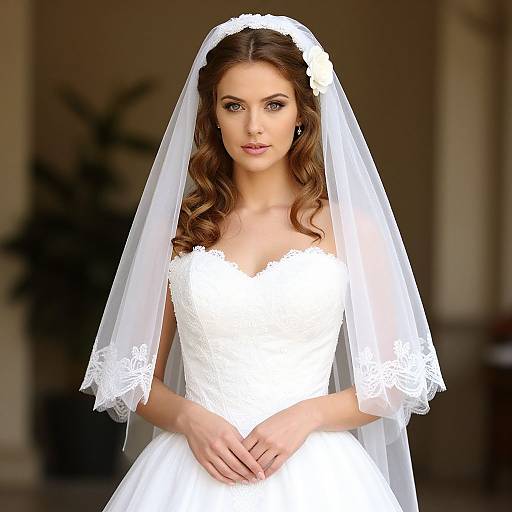 Photograph of a beautiful woman with wavy brown hair, wearing a white lace wedding dress and veil, standing indoors.