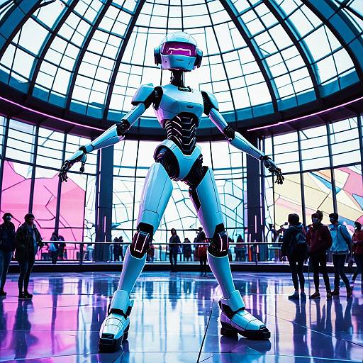 Futuristic Robotic Dancer in Glass Plaza
