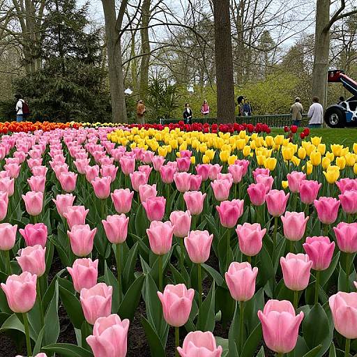 Photograph of a vibrant garden with rows of pink tulips, yellow tulips, and red tulips, surrounded by tall trees and people in the