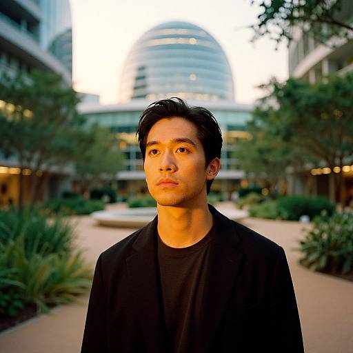 Photograph of an Asian man with short black hair, wearing a black shirt, standing in a modern urban park with trees and a glass building in the