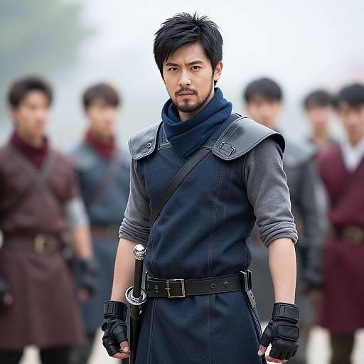 Photorealistic digital art of a serious Asian man with black hair, wearing a dark blue tunic, gray sleeves, and black gloves, surrounded by