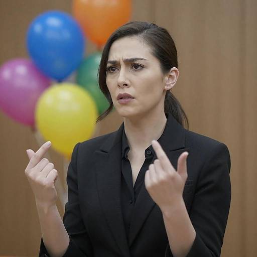 Intense Woman in Black Blazer with Balloons Background