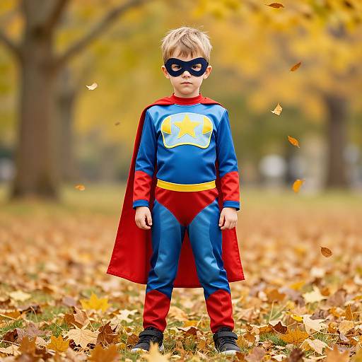 Young Superhero Boy in Autumn Park